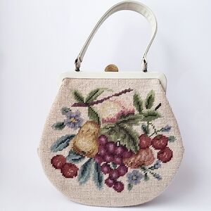 Vintage Needlepoint Fruit Design Handbag